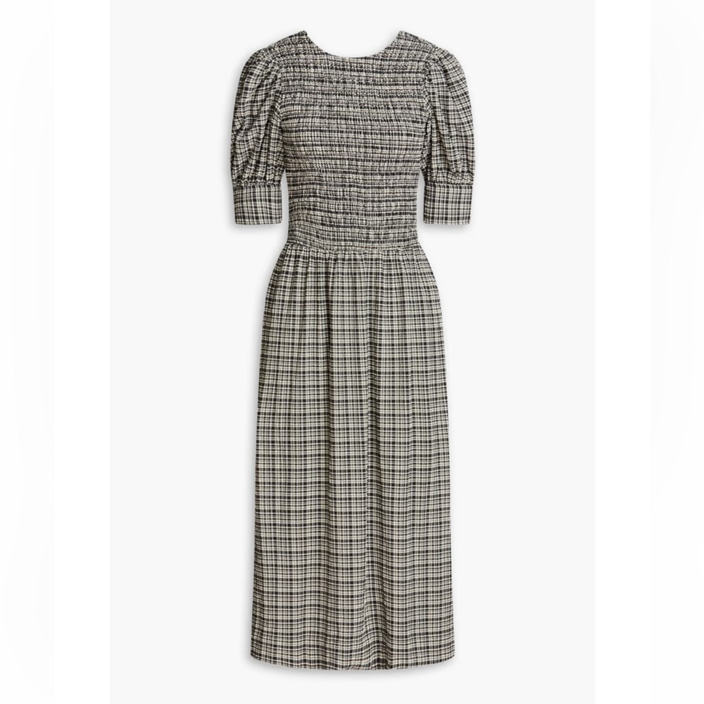 NWT GANNI Shirred checked seersucker midi dress